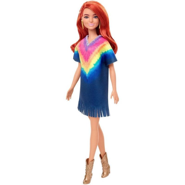 Barbie - dukke fashionistas, rdt hr og regnbue kjole