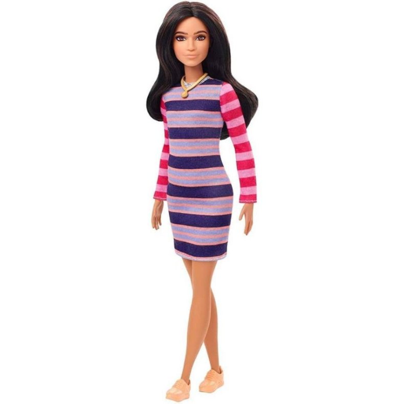 Barbie - dukke fashionistas, mrkt hr og stribet kjole