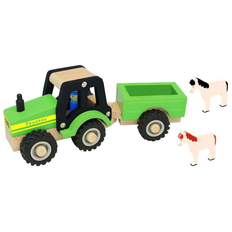 Magni - Traktor med anhnger og dyr i tr med gummihjul