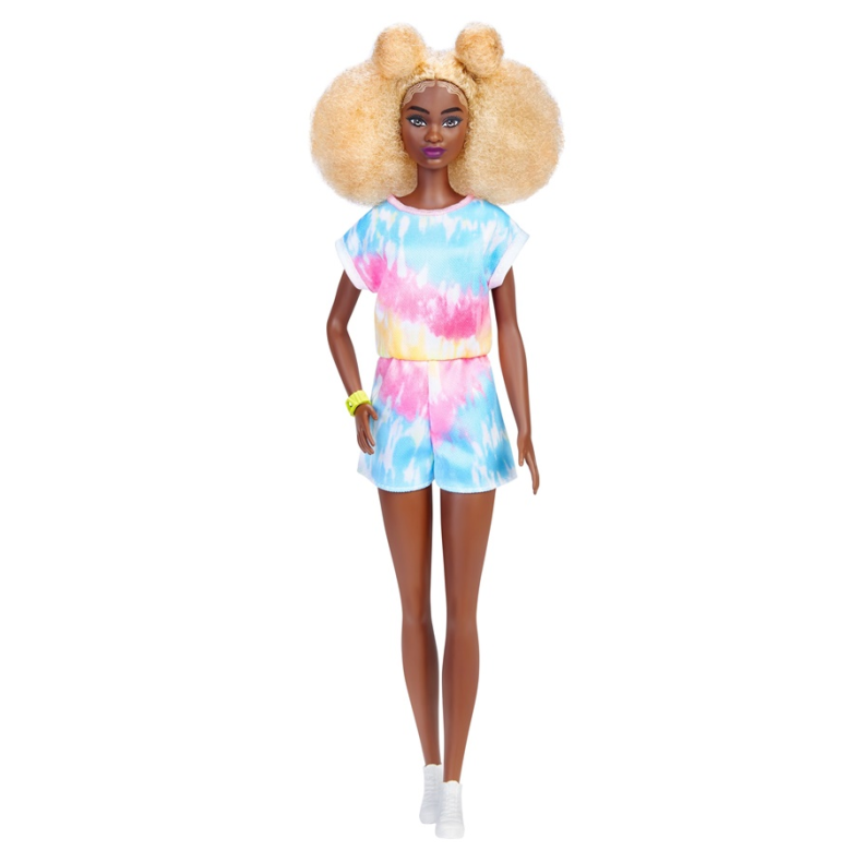 Barbie Fashionistas hj dukke med blondt opsat afro hr, og tie-dye todelt st